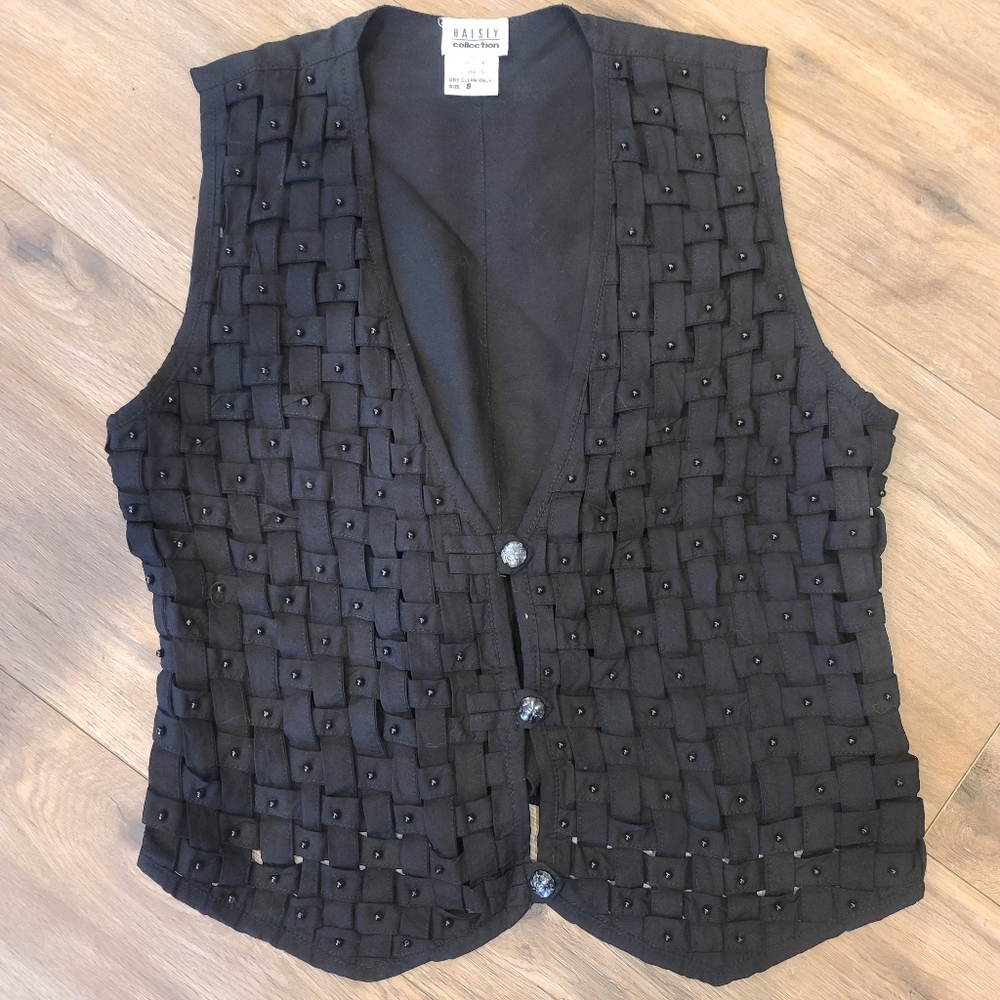 Vintage Halsey Collection Black Beaded Vest Basketweave Pattern Size Small EUC